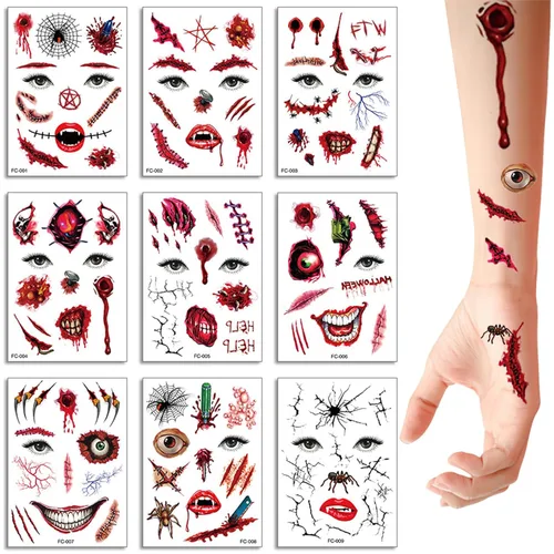 9 piezas de tatuajes temporales de broma de Halloween, cicatrices sangrientas de zombi 3D, costras falsas de puntada de herida, tatuajes de cara
