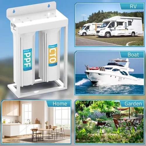 Miniatura 8 de PAULINN Sistema de Filtros de Agua Dobles Externos para RV, Filtro de Agua para Caravana Libre de Plomo y BPA con Accesorios de Latón y Soporte