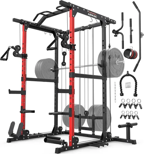 Miniatura 13 de Sportsroyals Jaula de Potencia, Rack de Potencia Multifuncional de 1600 libras con Sistema de Cruce de Cable Ajustable y Más Accesorios de Azul