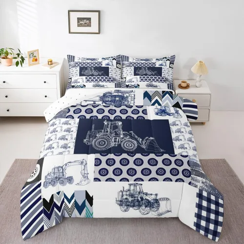Miniatura 4 de Feelyou Juego de edredón de construcción para niños tamaño completo, juego de ropa de cama de camiones y equipos para niños, edredón de dibujos
