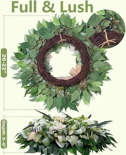 Miniatura 6 de Coronas de oreja de cordero para puerta delantera, ventana, porche, corona de primavera y verano de 20 a 22 pulgadas para granja
