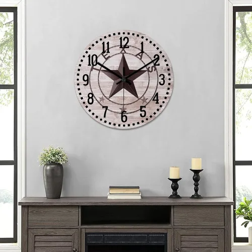 Miniatura 6 de Reloj de pared clásico de estilo rústico con estrella de Texas occidental, reloj analógico de madera silencioso sin tictac, funciona