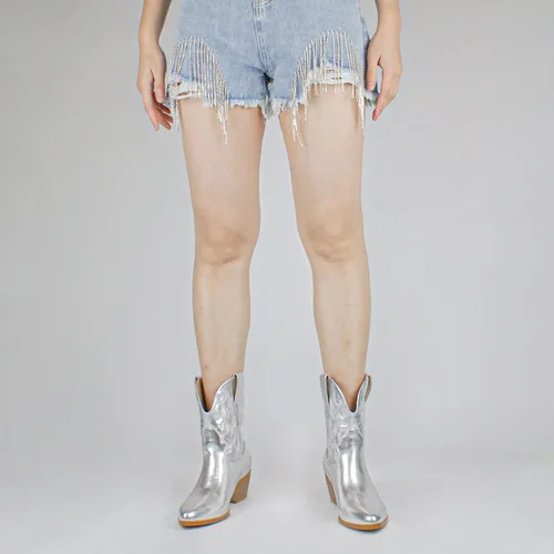 Miniatura 4 de STALOV Botas vaqueras cosidas para mujer, punta puntiaguda, tacón bajo y grueso, botas vaqueras occidentales bordadas