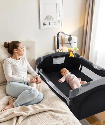 Soobaby Cuna de bebé 5 en 1, cuna de noche, paquete y juega con moisés y cambiador, caja de música portátil de viaje, cuna de viaje portátil para