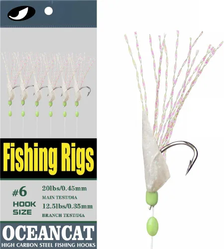 OCEAN CAT Paquete de 10 anzuelos de piel de pez lúcida arco iris, 6 ganchos, con ganchos de cuerda, cuentas de pesca brillantes, ganchos de alto