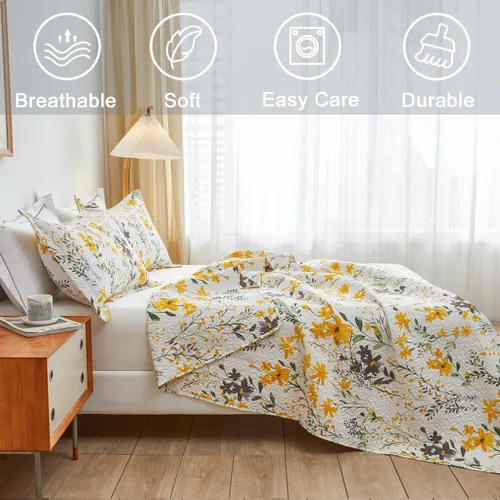 Miniatura 5 de Jarson Juego de edredón floral de 3 piezas, tamaño individual, colcha ligera estilo campestre para primavera y verano, juego de ropa de cama