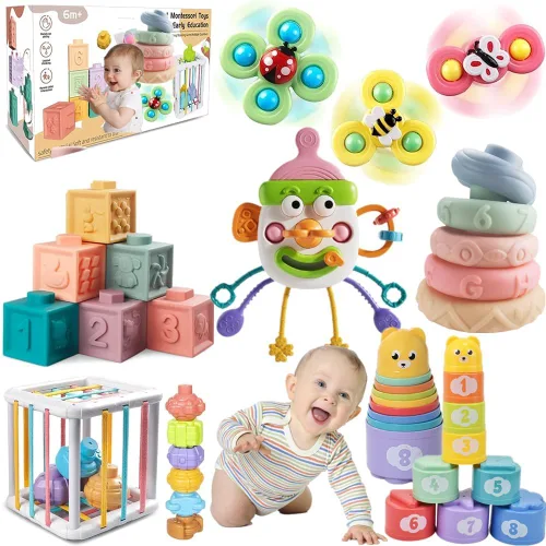ELLECK Juguetes Montessori para bebés de 6 a 12 meses, juguetes Montessori para niños pequeños de 1 a 3 años, cubo ocupado mordedor, baño 6 en 1,