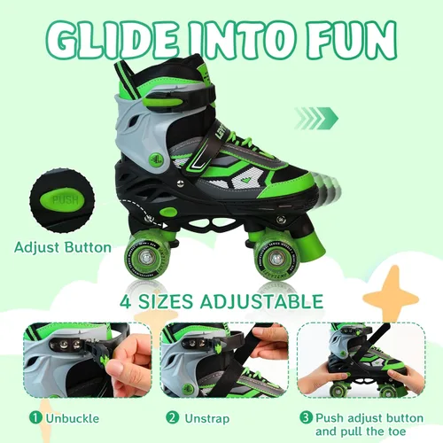 Miniatura 2 de Patines de ruedas para niños y niñas, patines cuádruples ajustables de 4 tallas con todas las ruedas iluminadas para principiantes, deportes de Verde