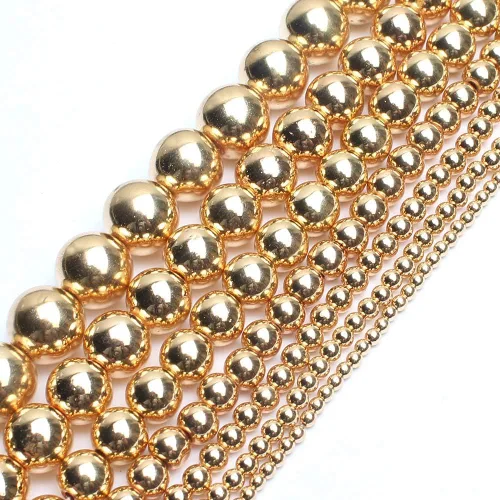 Miniatura 3 de Cuentas de hematita de oro de 14K, cuentas sueltas redondas para hacer joyas, pulseras y collares de bricolaje, cuentas de 6 mm/60 piezas