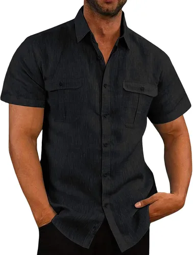 Miniatura 9 de Men's Cuban Guayabera Linen Shirts Solid Color Casual Short Sleeve Button Down Shirt Summer Beach Tops with Pockets