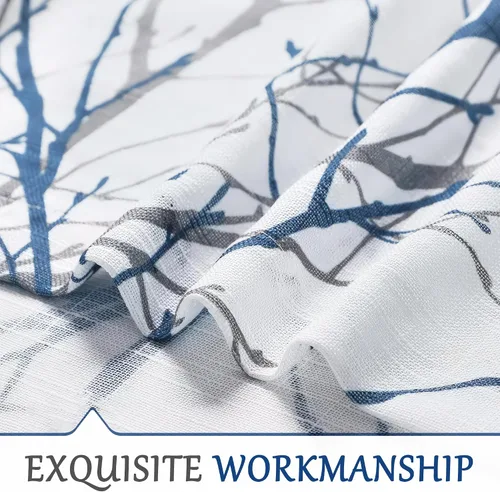 Miniatura 7 de FMFUNCTEX Cortinas de Lino Semitransparentes para Dormitorio, Cortinas Azules y Blancas de 63 Pulgadas de Largo para Sala de Estar, Cortinas de Rama