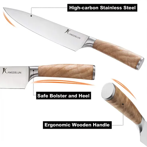 Miniatura 6 de Kangdelun Juego de 15 cuchillos y 4 cuchillos de chef, con caja de regalo, acero inoxidable de alto carbono ultra afilado, mango de madera