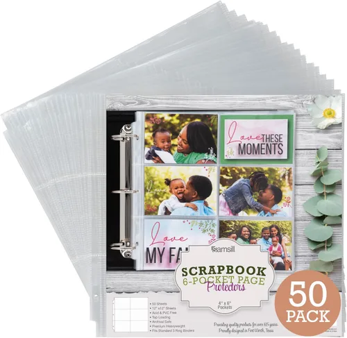 Samsill Scrapbook - 6 páginas de repuesto de bolsillo de 12 x 12 pulgadas, paquete de 50, se adapta a carpetas de 3 anillos y álbumes de fotos de 12