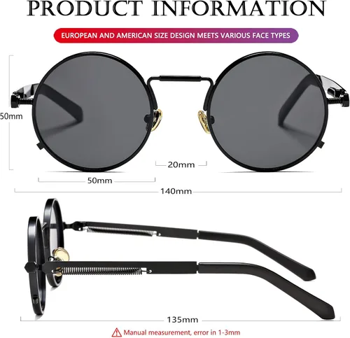 Miniatura 6 de AIEYEZO Gafas de sol redondas Steampunk Circle Lennon Gafas de sol góticas marco de metal 100% lente de bloqueo UV
