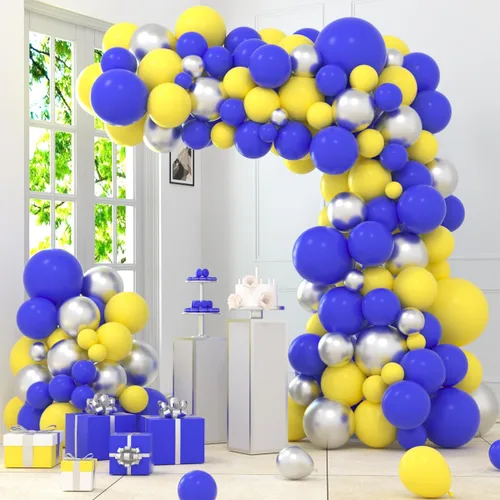 Kit de arco de guirnalda de globos azul amarillo y plateado de 12 pulgadas, 10 pulgadas, 5 pulgadas, azul real, amarillo, plateado metálico para