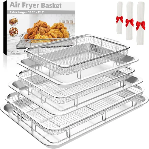 Miniatura 7 de Cesta de freidora de aire para horno, 2 juegos de bandeja y sartén de freidora de aire con 60 piezas de papel pergamino, sartén de freidora de aire