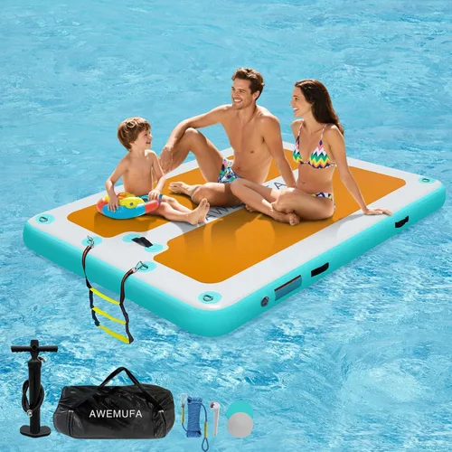 Miniatura 19 de AWEMUFA Muelle flotante inflable con rampa de 5 pies/6 pies/8 pies/10 pies, plataforma flotante flotante, tapete flotante de isla flotante, flotador