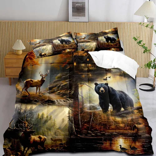 Miniatura 2 de LUVIVIHOME Juego de edredón de 3 piezas con diseño de osos negros y ciervos tamaño King, con estampado de alces, alces, patos Mallard, animales Oso