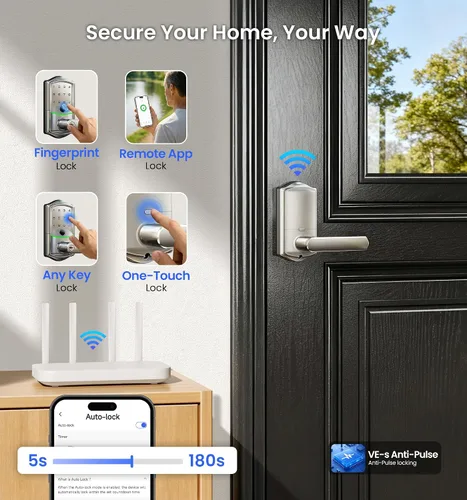 Miniatura 6 de Veise VE029 - Cerradura de palanca inteligente WiFi, cerradura de puerta de entrada sin llave de huellas dactilares con asa, WiFi integrado, control