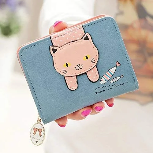 Miniatura 5 de Hjkiopc Cartera pequeña para niñas y mujeres diseño de gato monedero organizador de tarjetas Azul Cartera plegable