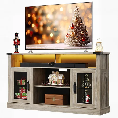 Miniatura 10 de WLIVE Soporte de TV estilo granja para TV de 65 pulgadas, centro de entretenimiento alto con luces LED y gabinetes de almacenamiento, mesa consola
