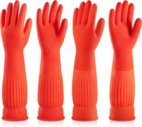 ThxToms Guantes de goma para limpieza de platos (2 pares), forrados con forro polar, reutilizables, impermeables, con puño extralargo y diseño
