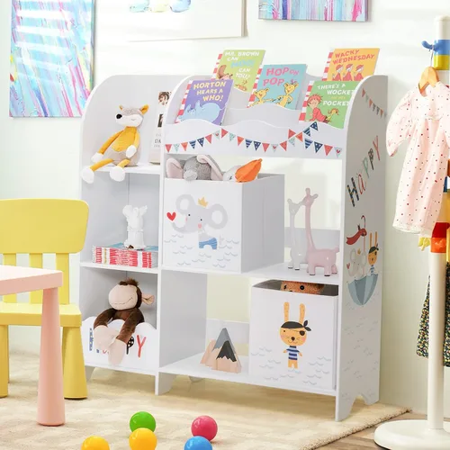 Miniatura 2 de HONEY JOY Organizador de almacenamiento de juguetes para niños, unidad de almacenamiento de madera con 2 cajas, estantería de exhibición para niños