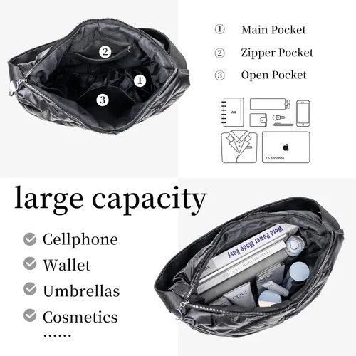Miniatura 4 de Bolso de mano acolchado para mujer, bolso de mano cruzado con cremallera, bolsa de hombro grande de nailon para el ocio diario