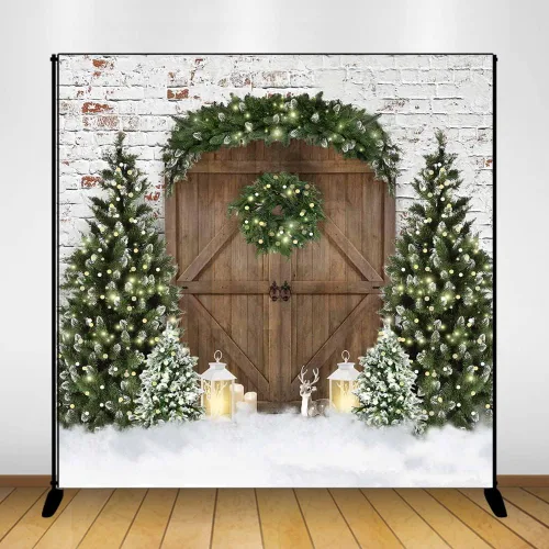 Miniatura 10 de Mocsicka Telón de fondo de fotografía de casa de madera de Navidad, árbol de Navidad, corona de nieve, fondo fotográfico, puerta de granero rústica