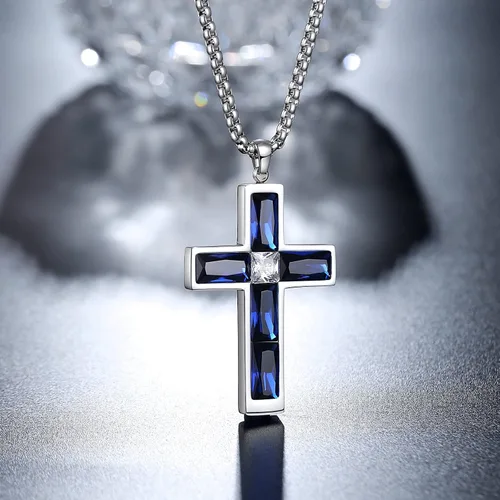 Miniatura 9 de Collar de cruz para hombre, piedras preciosas de color piedra natal de circonita cúbica, collar de acero inoxidable para hombre, cadena de 24