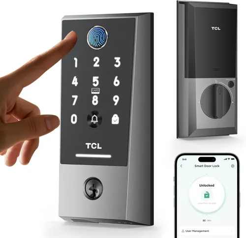 TCL Smart Lock D2 Plus, cerradura de puerta con huella dactilar sin llave, cerradura de cerrojo de teclado con pantalla táctil, timbre integrado,