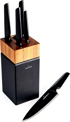 GRANDTIES Juego de cuchillos de cocina negros antiadherentes de 7 piezas con bloque de madera y afilador, acero inoxidable alemán de alto carbono,