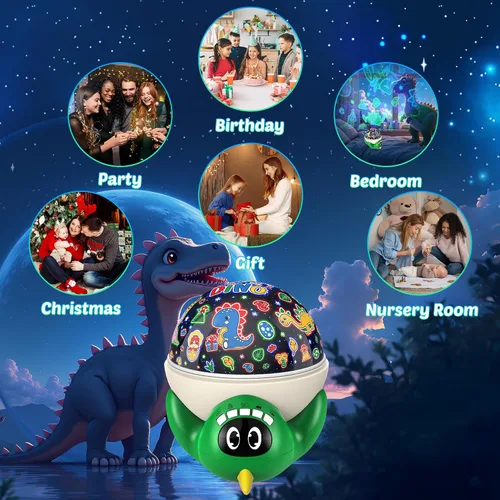 Miniatura 6 de Proyector de luz nocturna de dinosaurio para niños, juguetes verdes de dinosaurio para niños, luces de estrella con música y temporizador, lámpara