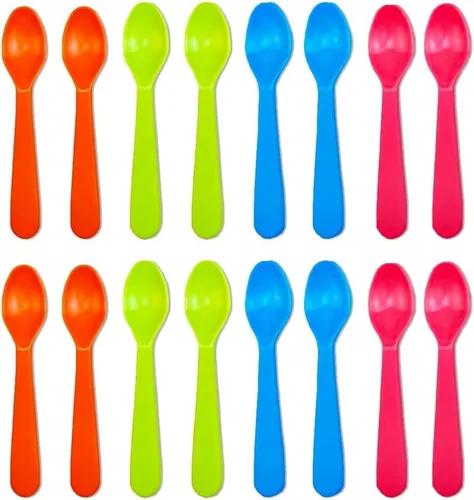 Miniatura 10 de Jawbush 16 utensilios de plástico para niños, utensilios de alimentación reutilizables para niños pequeños con 8 tenedores y 8 cucharas, coloridos