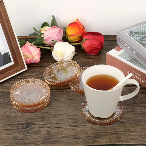 Miniatura 4 de JUXYES Juego de 5 posavasos de cristal tono ámbar redondos, tapetes para tazas de vidrio, posavasos para bebidas, café, té, vino, posavasos