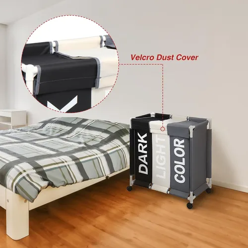 Miniatura 5 de Cesta clasificadora de ropa sucia de 3 secciones con ruedas rodantes, carrito organizador de lavandería para baño, dormitorio, guardería
