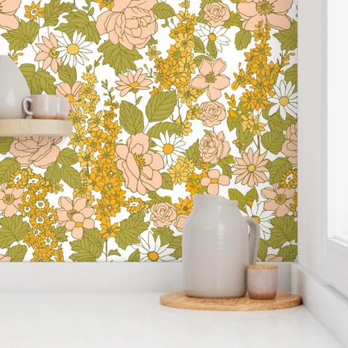 Miniatura 8 de Papel tapiz autoadhesivo para despegar y pegar, papel tapiz vintage de los años 70 con diseño floral retro bohemio, rosa y verde, papel tapiz