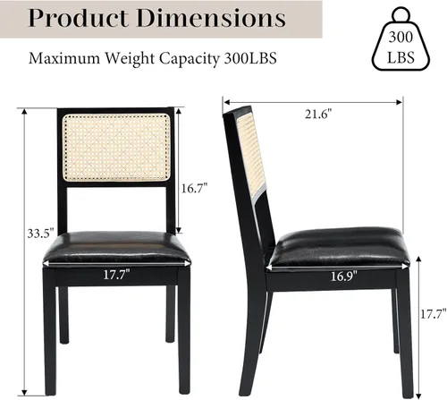 Miniatura 2 de Juego de 2 sillas de comedor de ratán, sillas de comedor de cocina con respaldo de bastón, silla tapizada de ratán moderna de mediados de siglo