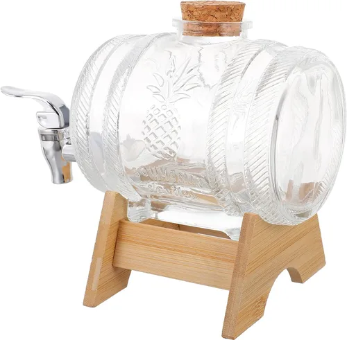 Miniatura 3 de Hemoton Dispensador de barril de vino de vidrio vintage con grifo y estante de bambú de 8.07 pulgadas para whisky ron bourbon servir en fiestas