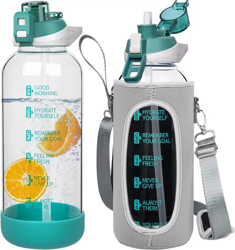 Miniatura 22 de Botella de agua deportiva de vidrio de 32 onzas con popote y marcador de tiempo, botella de vidrio motivacional reutilizable grande para agua Rosa