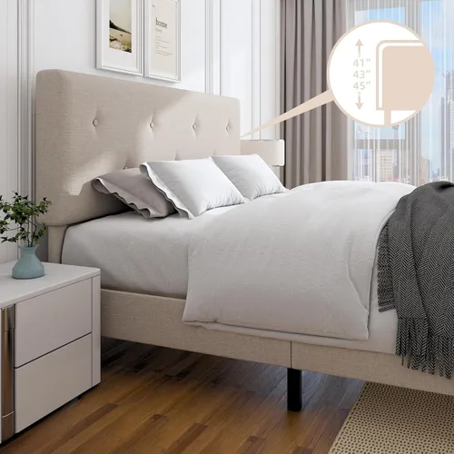 Miniatura 5 de Marco de cama de lino de tamaño matrimonial, marco de cama tapizado con cabecera ajustable, soporte de listones de madera, no necesita somier, fácil