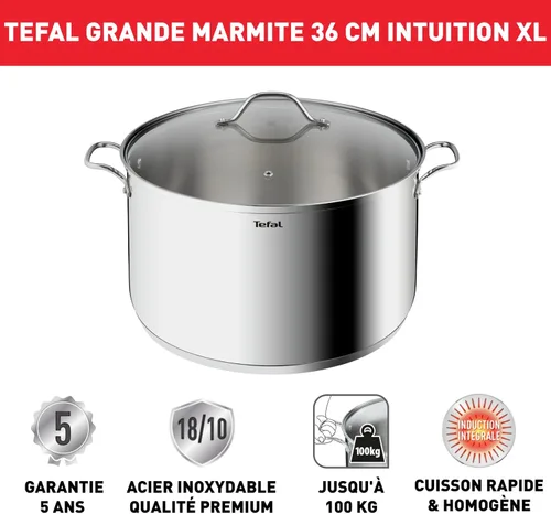 Miniatura 2 de Tefal Intuition XL - Olla de acero inoxidable 18/10, 14.2 in, 17,5 L, acero inoxidable 18/10, asas remachadas resistentes, tapa de cristal, metálico