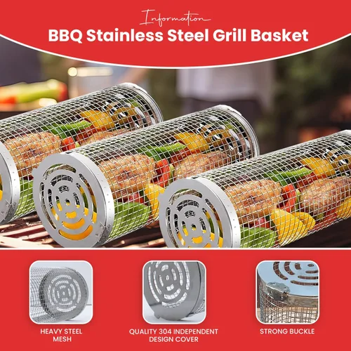 Miniatura 2 de Cesta enrollable para parrilla de acero inoxidable, cesta para parrilla con cubierta de malla extraíble, accesorios para barbacoa, cestas