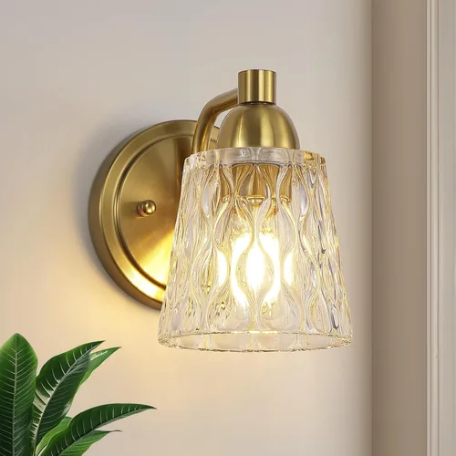 Mecgirn Stainless Steel Bathroom Vanity Light Over Mirror, 1 Light Brushed Gold Bathroom Light Fixtures with Textured Glass Shades, Modern Vanity