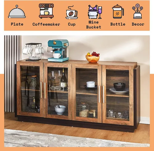 Miniatura 7 de AMERLIFE Aparador Buffet Gabinete, Gabinete de Acento de Color Mixto con Luces LED, Gabinetes de Almacenamiento Modernos con Puertas de Vidrio