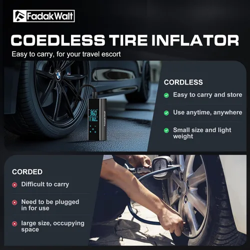 Miniatura 6 de FADAKWALT Inflador de neumáticos, compresor de aire portátil, bomba de aire inalámbrica de 150 PSI para neumáticos de automóvil con pantalla táctil