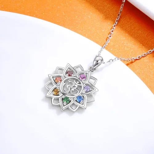 Miniatura 2 de Chakra Yoga Lotus Flower Necklace 925 Sterling Silver Om Ohm Symbol Crystal Pendant Necklace Spiritual Jewelry Gift for Women Girls