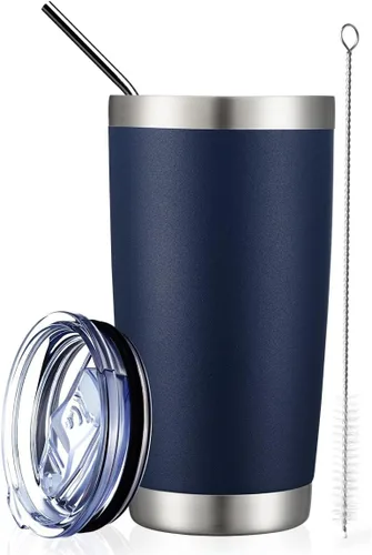 Miniatura 60 de COMOOO Taza de viaje de acero inoxidable de doble pared aislada al vacío de 20 onzas con tapa y pajita, taza de café aislada con recubrimiento