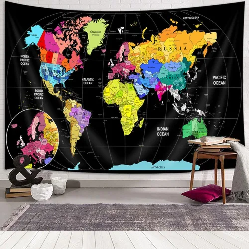 Miniatura 21 de JAWO Tapiz de mapa del mundo, mapa del mundo con países y ciudades principales, tapices de pared para niños y estudiantes, tapiz de mapa mundial