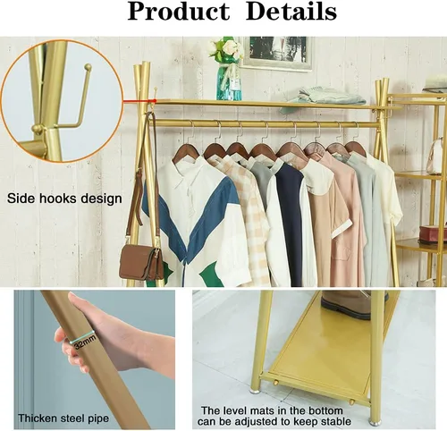 Miniatura 4 de Perchero industrial dorado independiente con estantes dobles, perchero móvil resistente para organizar ropa y zapatos (47 pulgadas de largo)